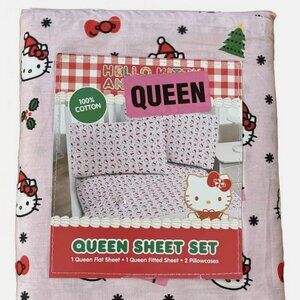HELLO KITTY Holiday Christmas Pink Queen Size Cotton Sheet Set | Tree Mistletoe